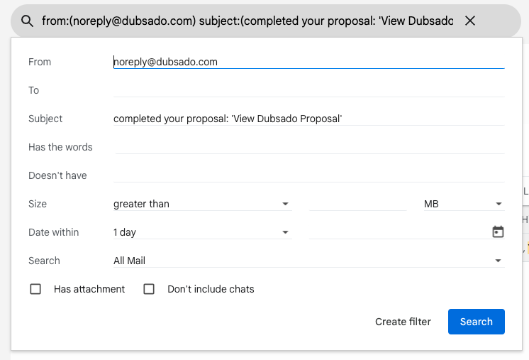 Screenshot showing gmail search string example for Dubsado proposals